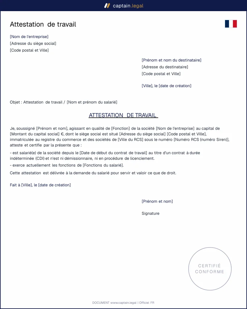 Modèle d'attestation de travail à personnaliser