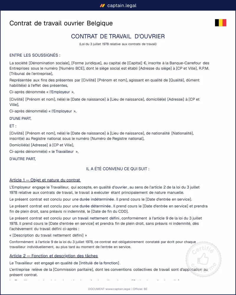 Contrat ouvrier Belgique — Modèle conforme statut unique 2014