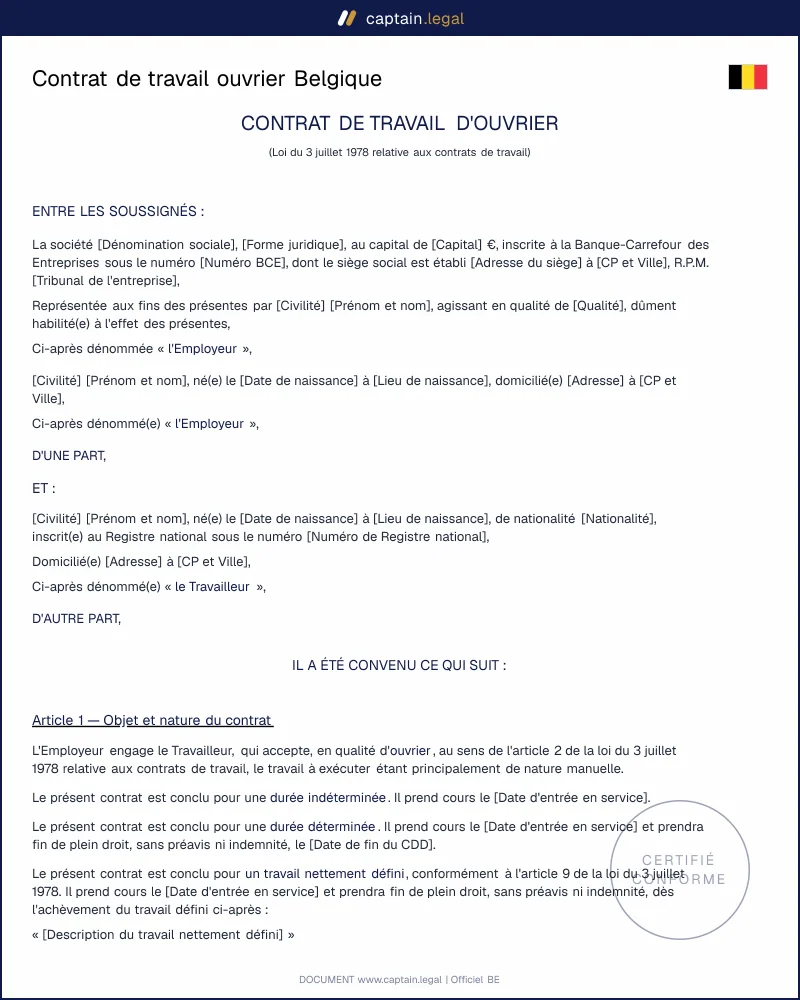 Contrat ouvrier Belgique — Modèle conforme statut unique 2014
