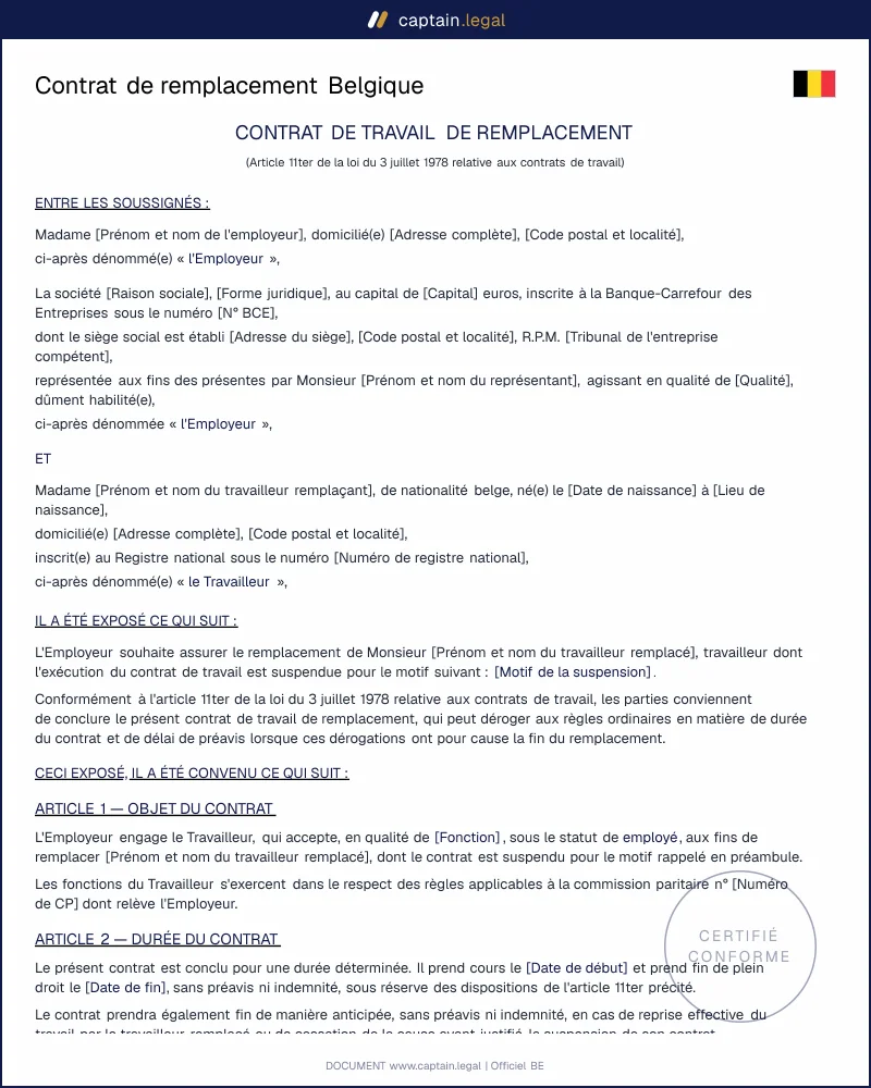 Contrat de remplacement maladie, maternité, crédit-temps Belgique