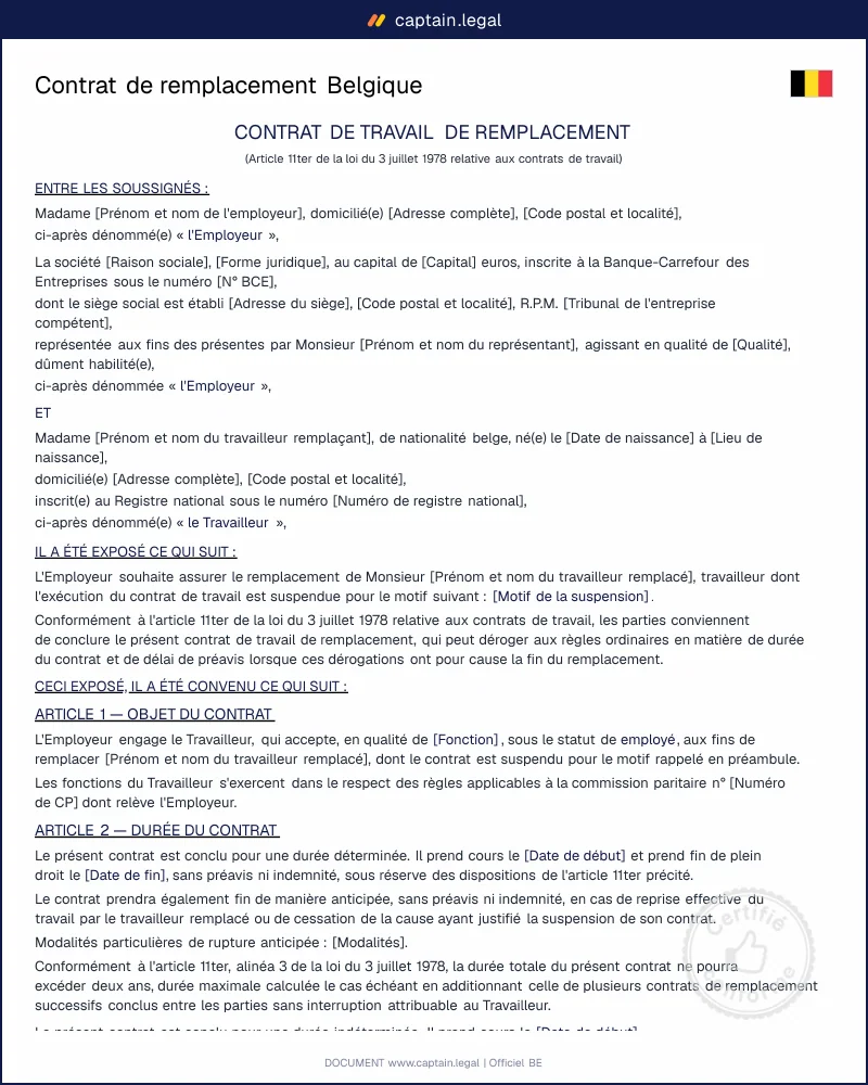 Contrat de remplacement maladie, maternité, crédit-temps Belgique