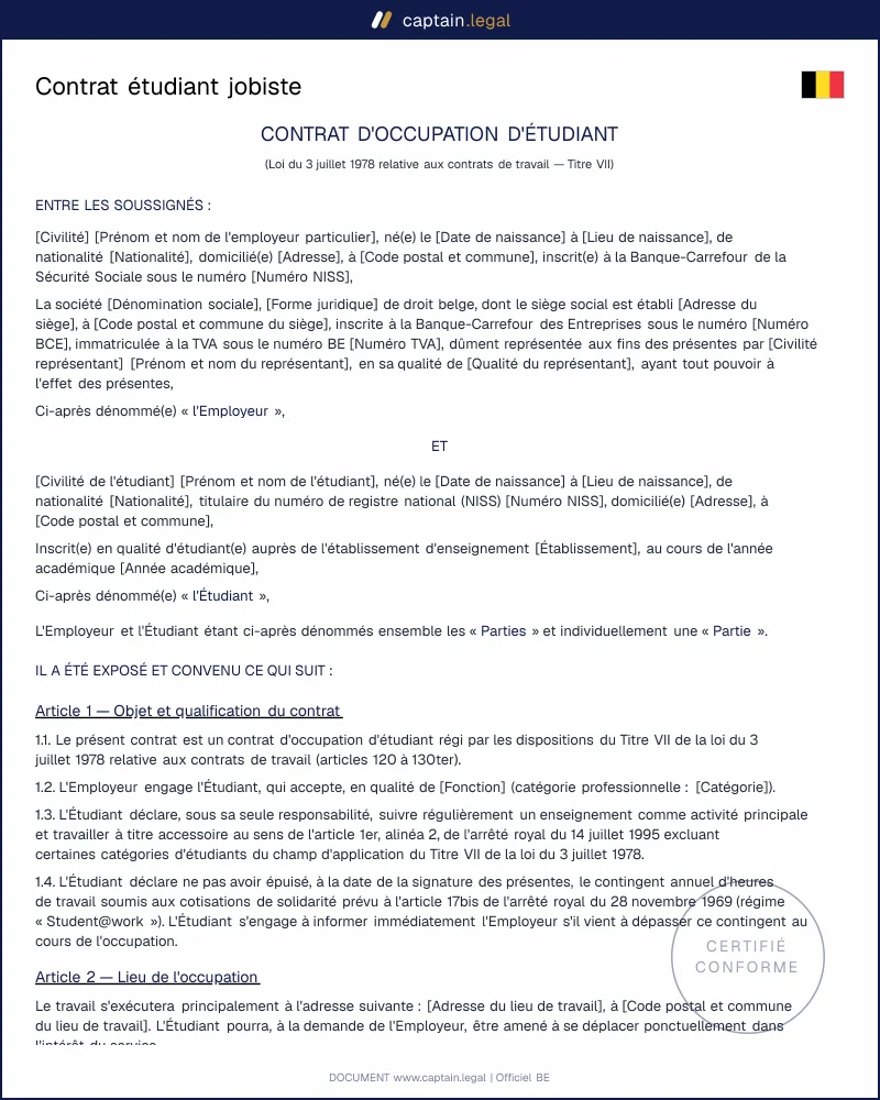 Contrat étudiant jobiste : modèle conforme ONSS 2026