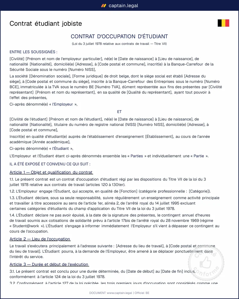 Contrat étudiant jobiste : modèle conforme ONSS 2026