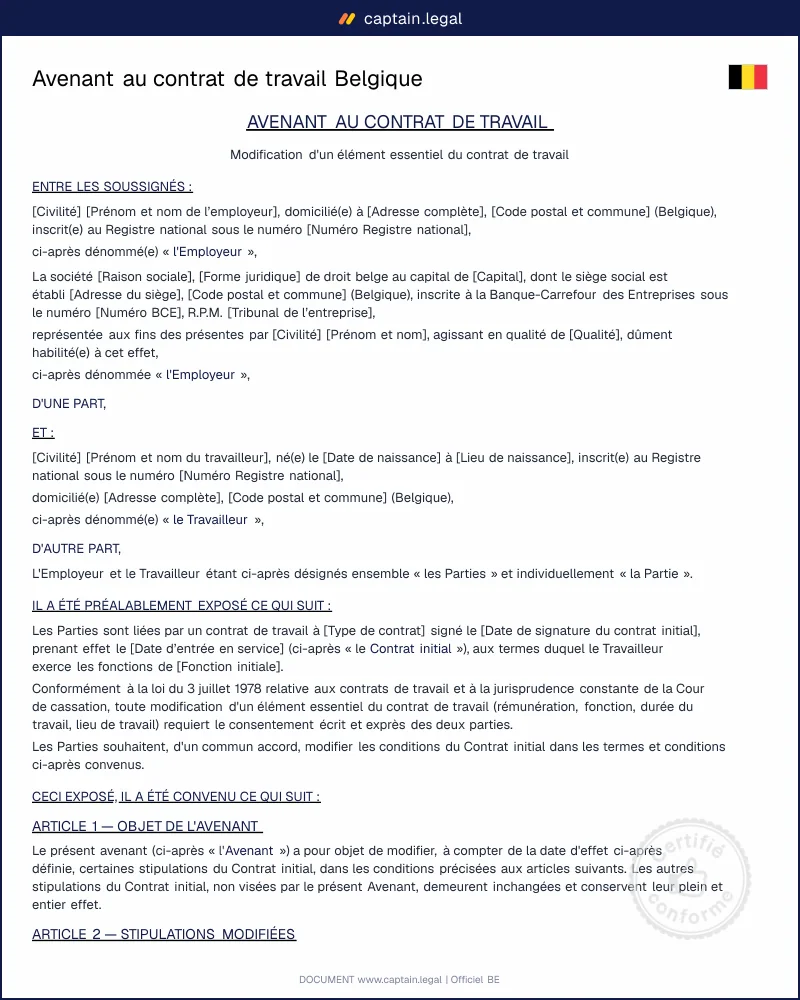 Avenant au contrat de travail Belgique | Modèle Word & PDF
