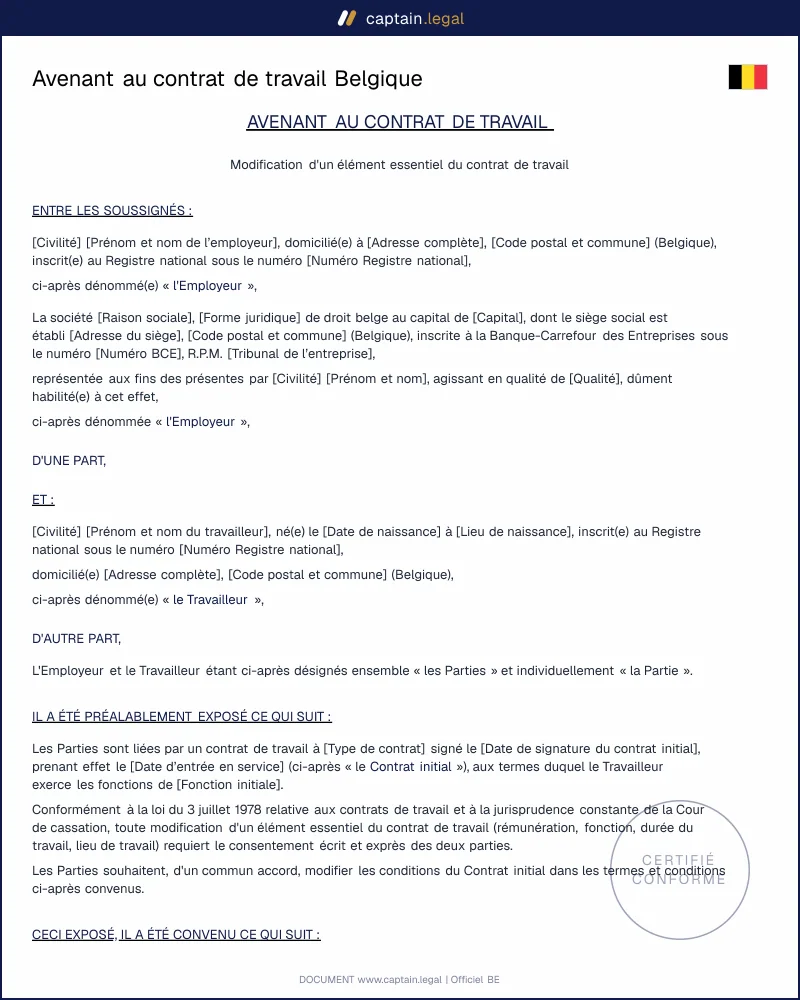 Avenant au contrat de travail Belgique | Modèle Word & PDF
