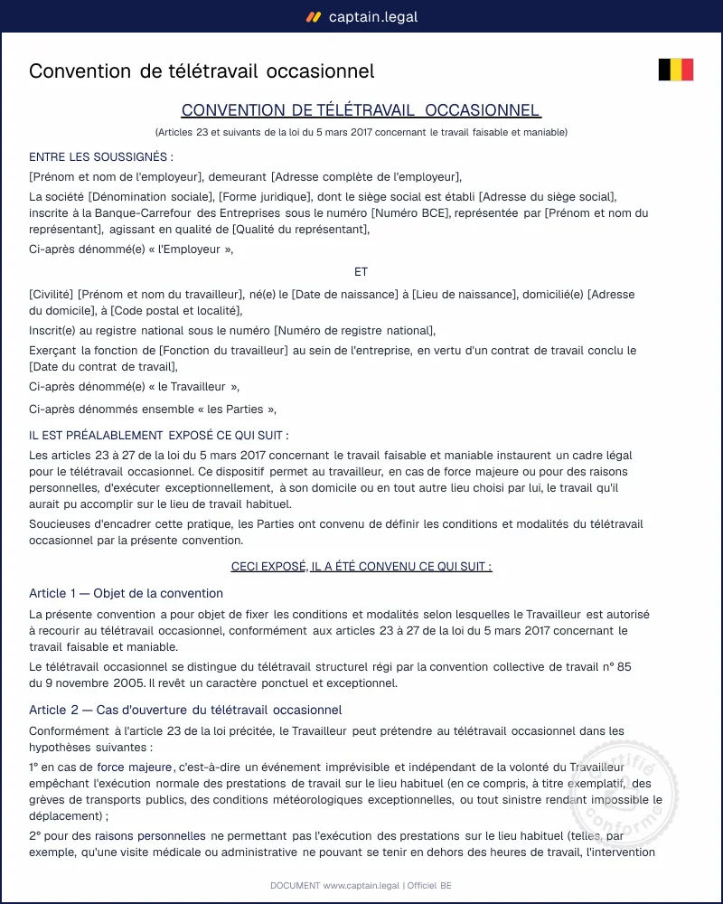 Convention de télétravail occasionnel : modèle Word et PDF