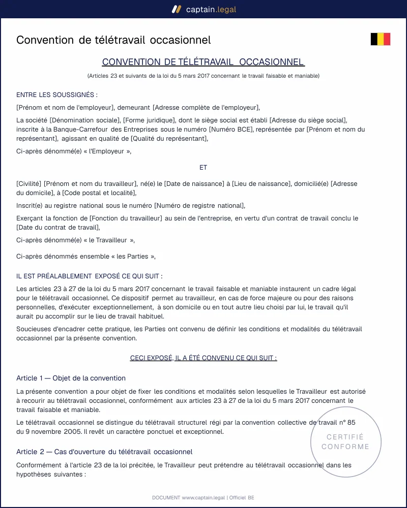 Convention de télétravail occasionnel : modèle Word et PDF