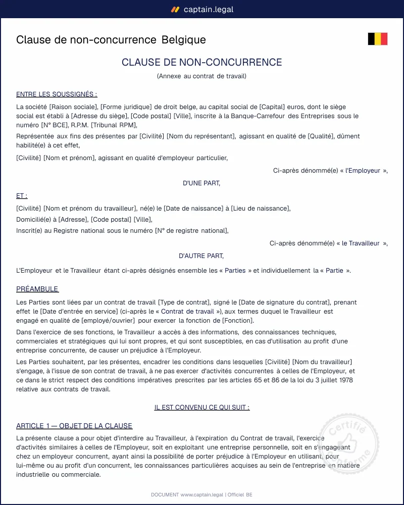 Clause de non-concurrence Belgique : modèle Word/PDF conforme