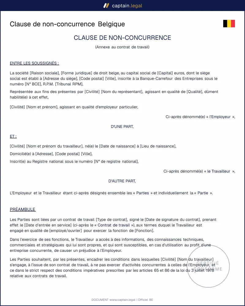Clause de non-concurrence Belgique : modèle Word/PDF conforme