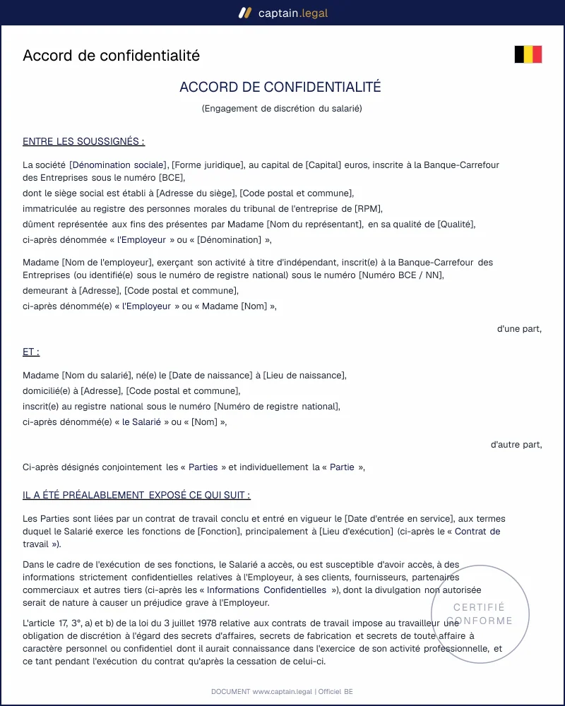 NDA salarié Belgique : modèle conforme art. 17 loi 1978
