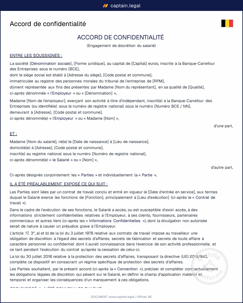 NDA salarié Belgique : modèle conforme art. 17 loi 1978