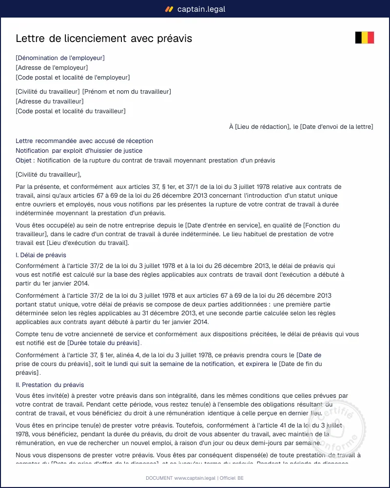 Lettre de licenciement avec préavis Belgique : modèle conforme 2026