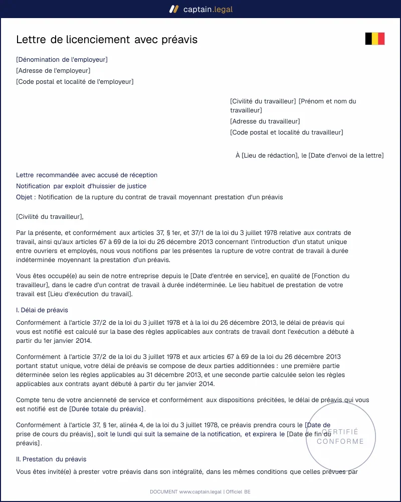 Lettre de licenciement avec préavis Belgique : modèle conforme 2026