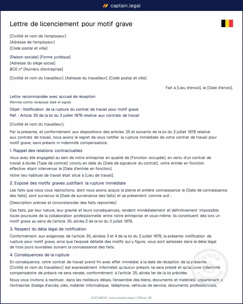 Modèle de lettre de licenciement pour motif grave en Belgique