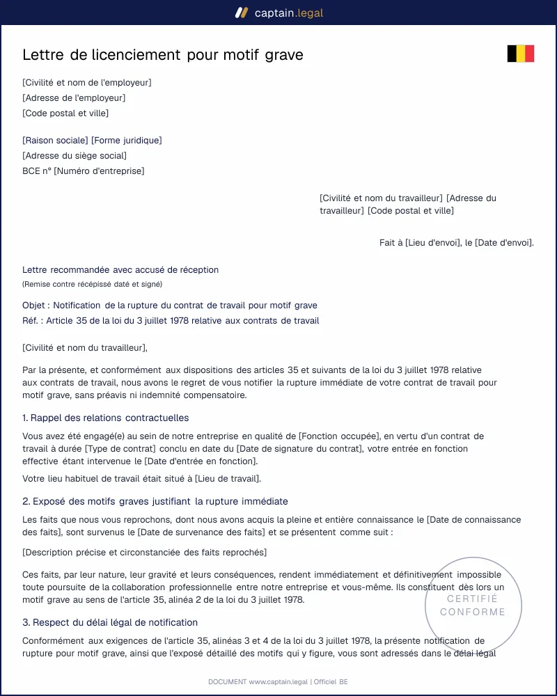 Modèle de lettre de licenciement pour motif grave en Belgique
