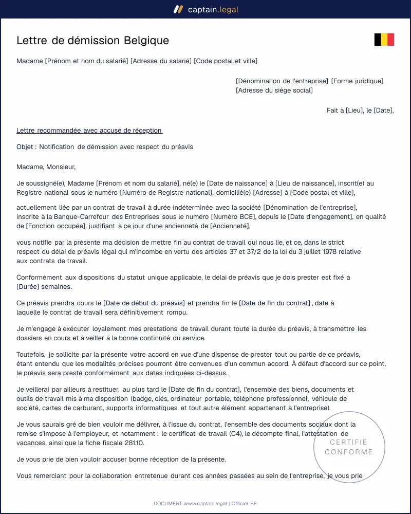 Lettre de démission Belgique | Modèle Word & PDF conforme