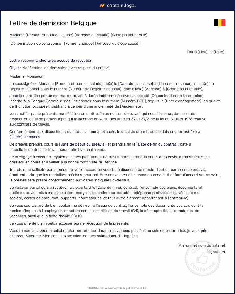 Lettre de démission Belgique | Modèle Word & PDF conforme
