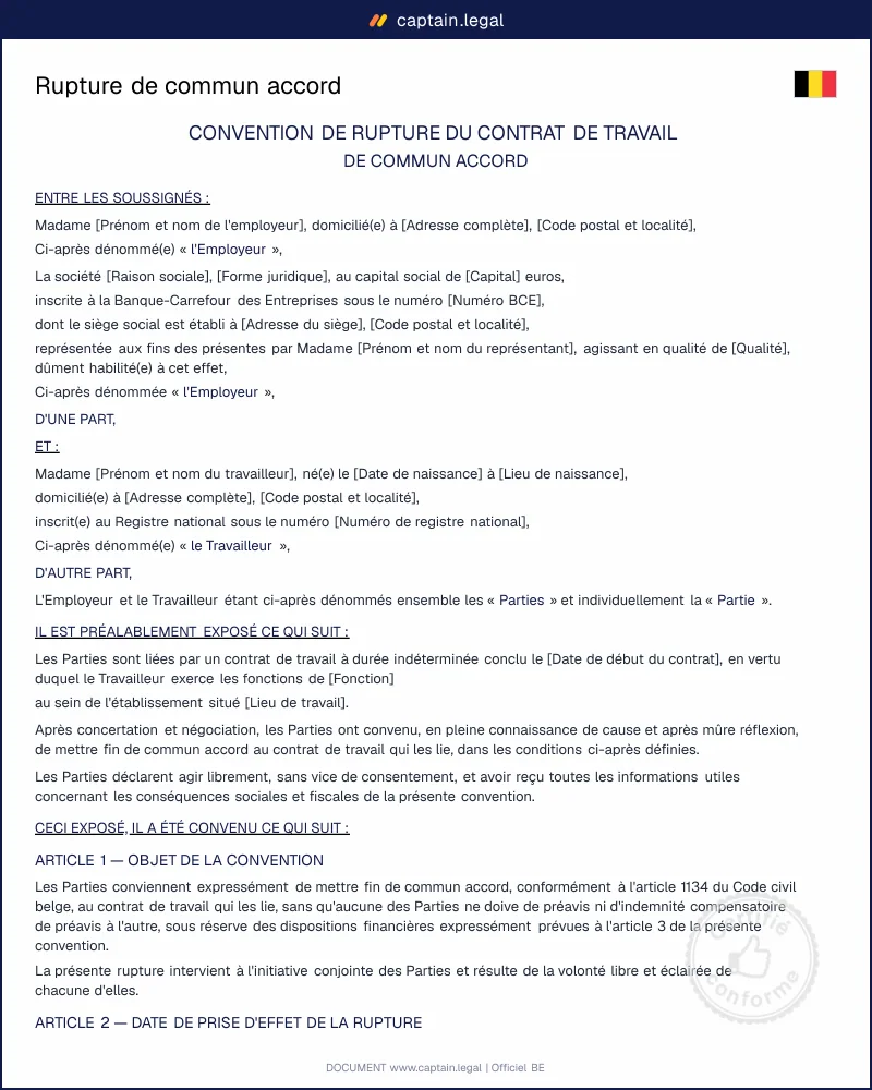 Convention de rupture de commun accord : modèle belge à signer