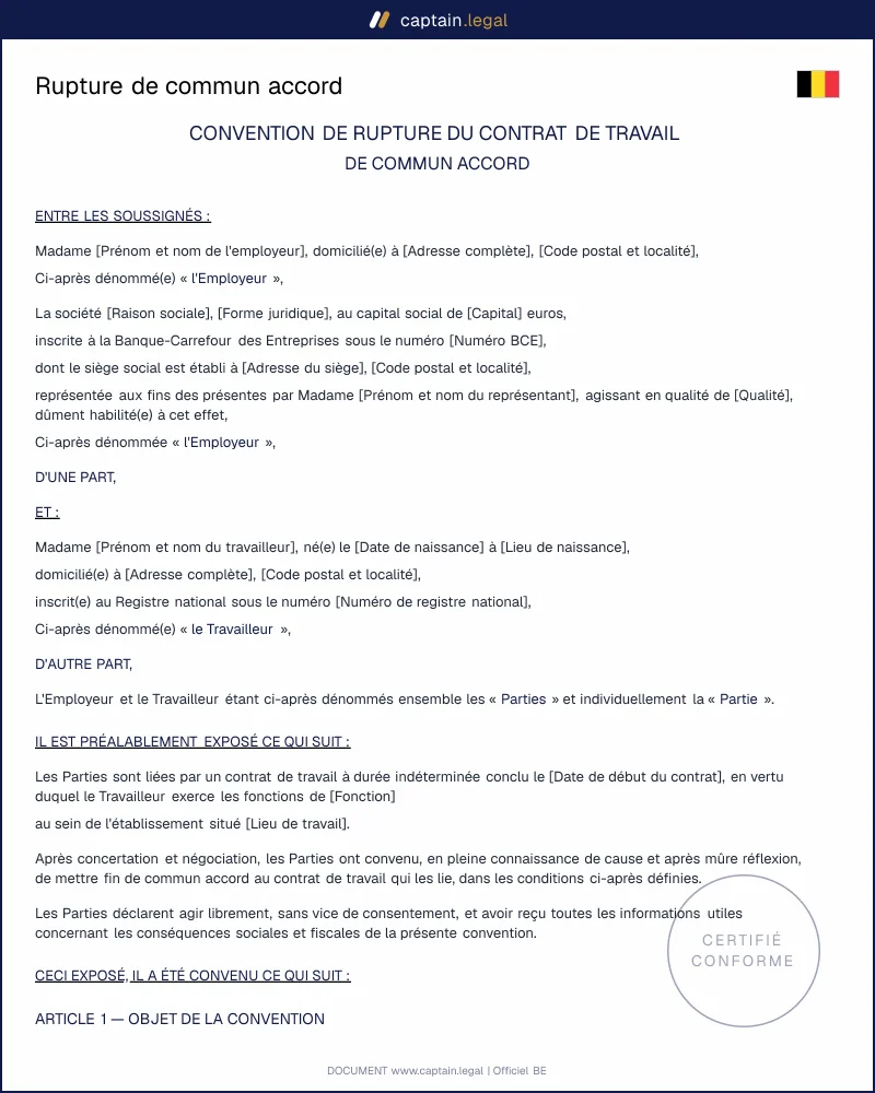 Convention de rupture de commun accord : modèle belge à signer