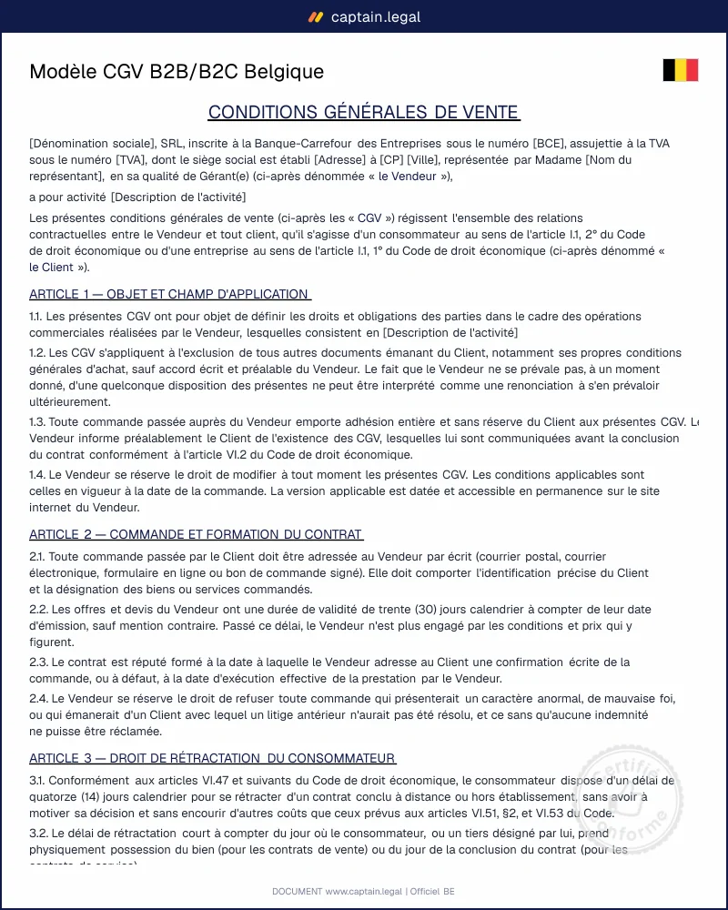 CGV B2B et B2C en Belgique : modèle Word et PDF à compléter
