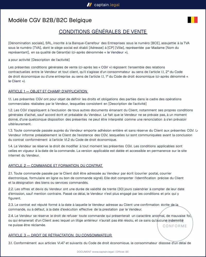 CGV B2B et B2C en Belgique : modèle Word et PDF à compléter