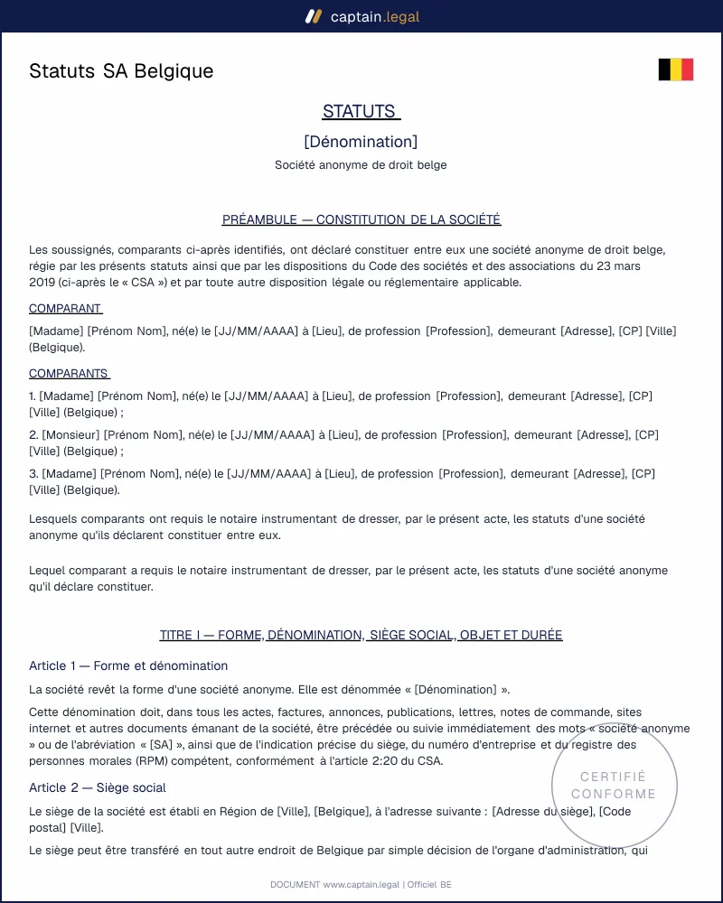 Statuts SA Belgique : modèle Word et PDF conforme au CSA