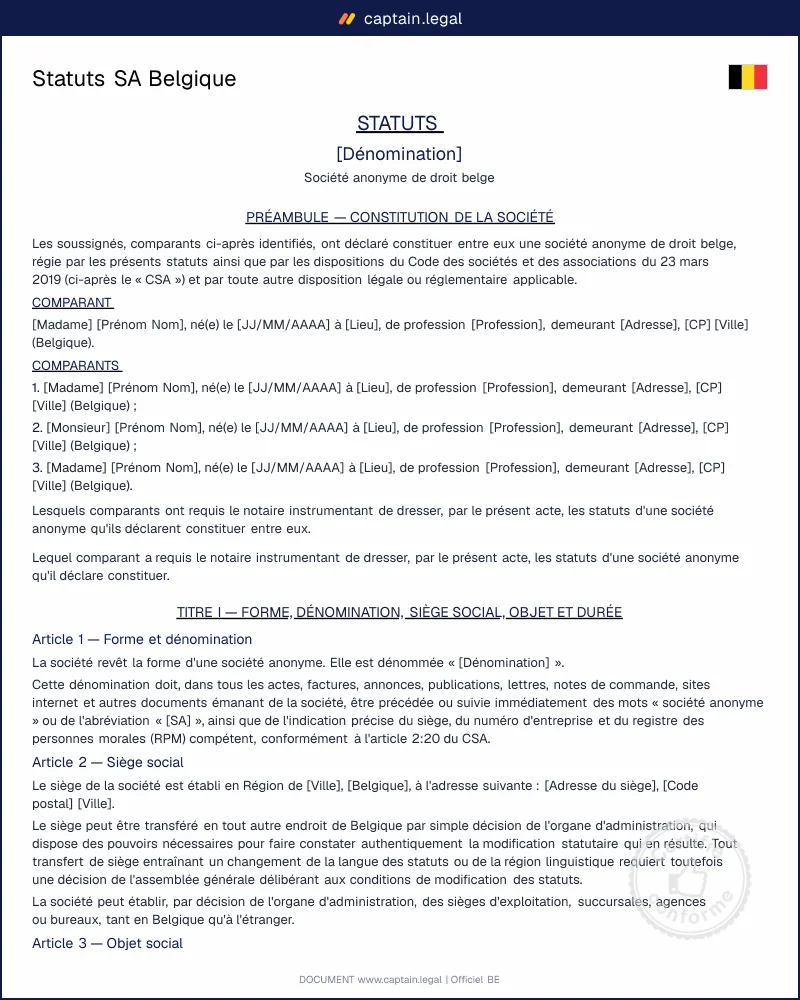 Statuts SA Belgique : modèle Word et PDF conforme au CSA