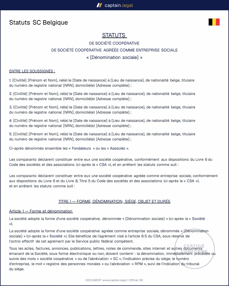Statuts société coopérative (SC) Belgique : modèle pour fondateurs