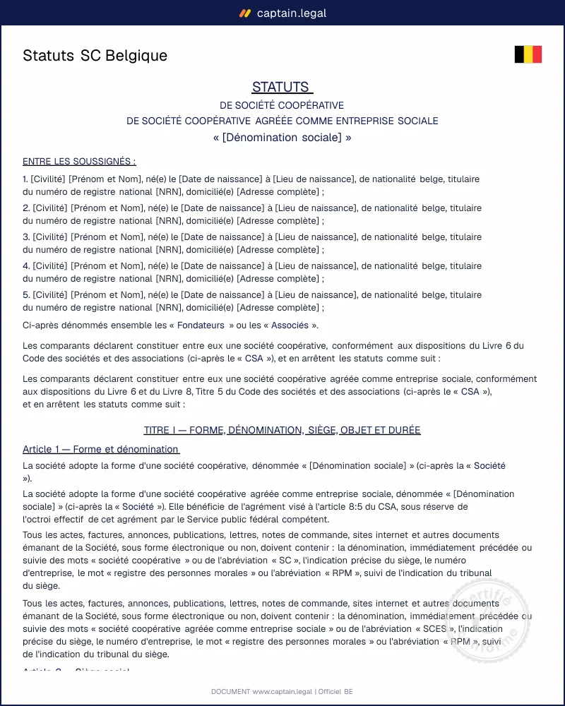 Statuts société coopérative (SC) Belgique : modèle pour fondateurs