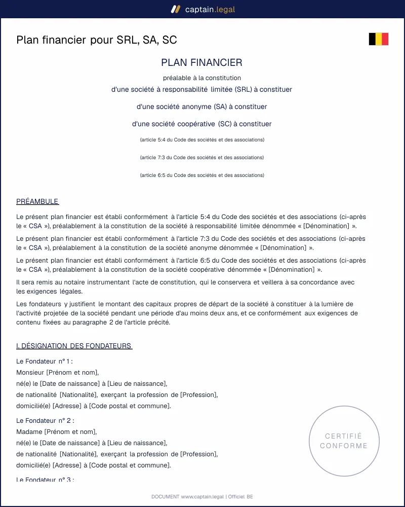 Plan financier obligatoire pour SRL, SA, SC