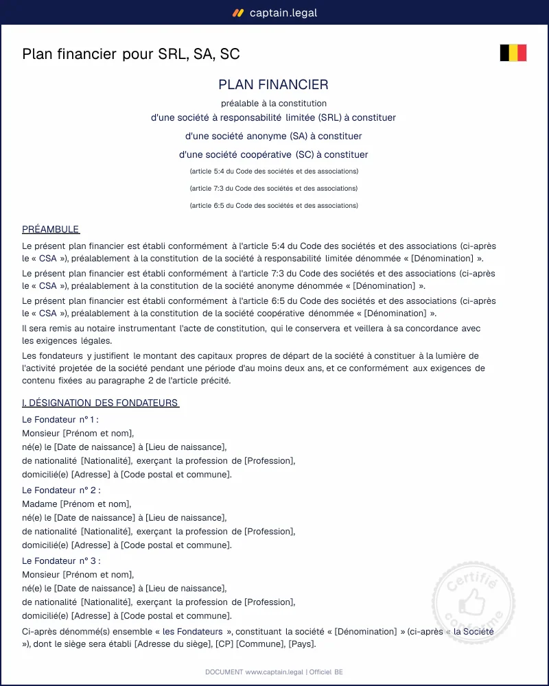 Plan financier obligatoire pour SRL, SA, SC