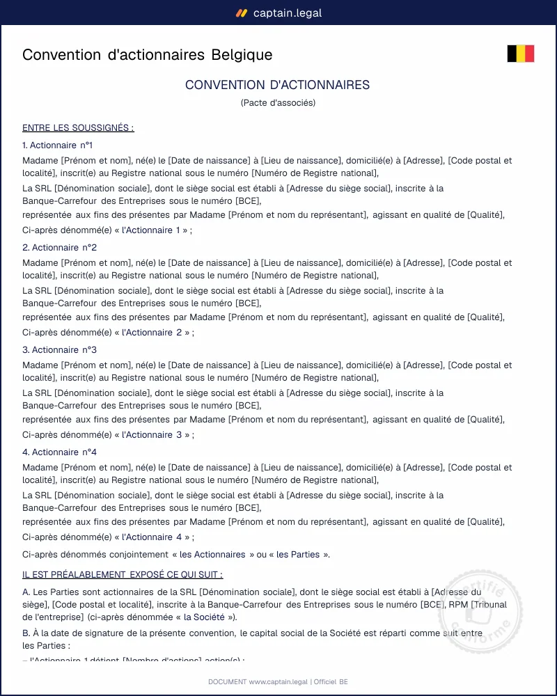 Convention d'actionnaires Belgique — Modèle Word & PDF conforme CSA