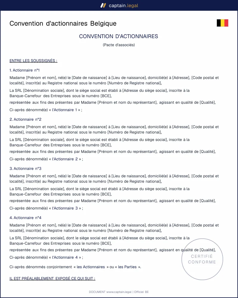 Convention d'actionnaires Belgique — Modèle Word & PDF conforme CSA