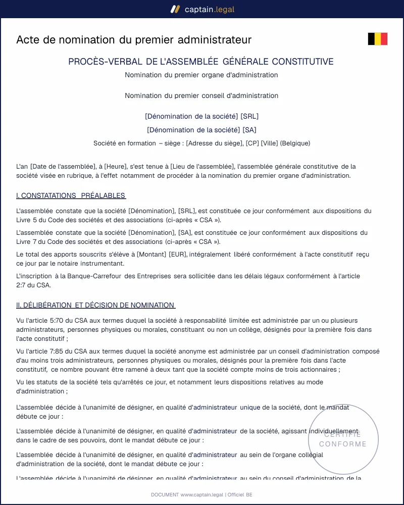 Nomination du premier administrateur SRL, SA, SC — Modèle conforme CSA