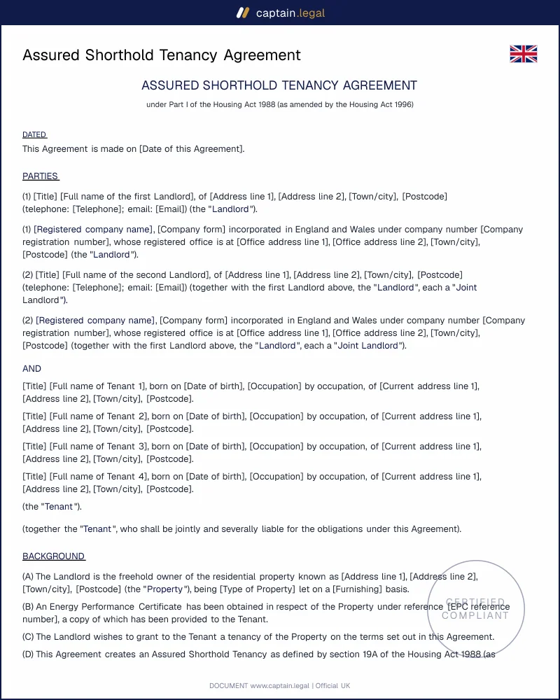 AST Agreement (Assured Shorthold Tenancy) | Solicitor-Drafted