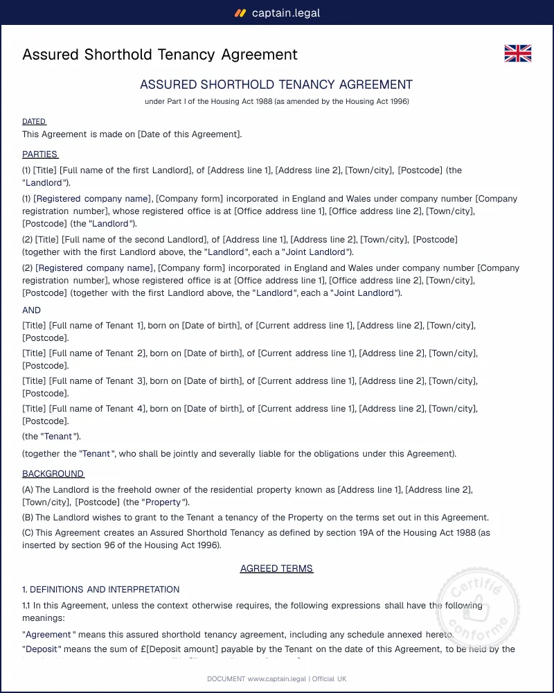AST Agreement (Assured Shorthold Tenancy) | Solicitor-Drafted