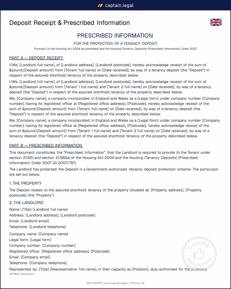 Deposit Receipt & Prescribed Information UK — Template (PDF, Word)