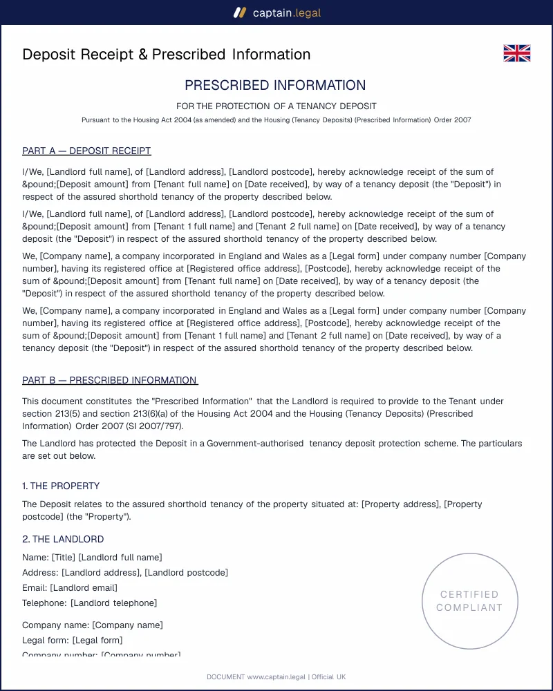 Deposit Receipt & Prescribed Information UK — Template (PDF, Word)