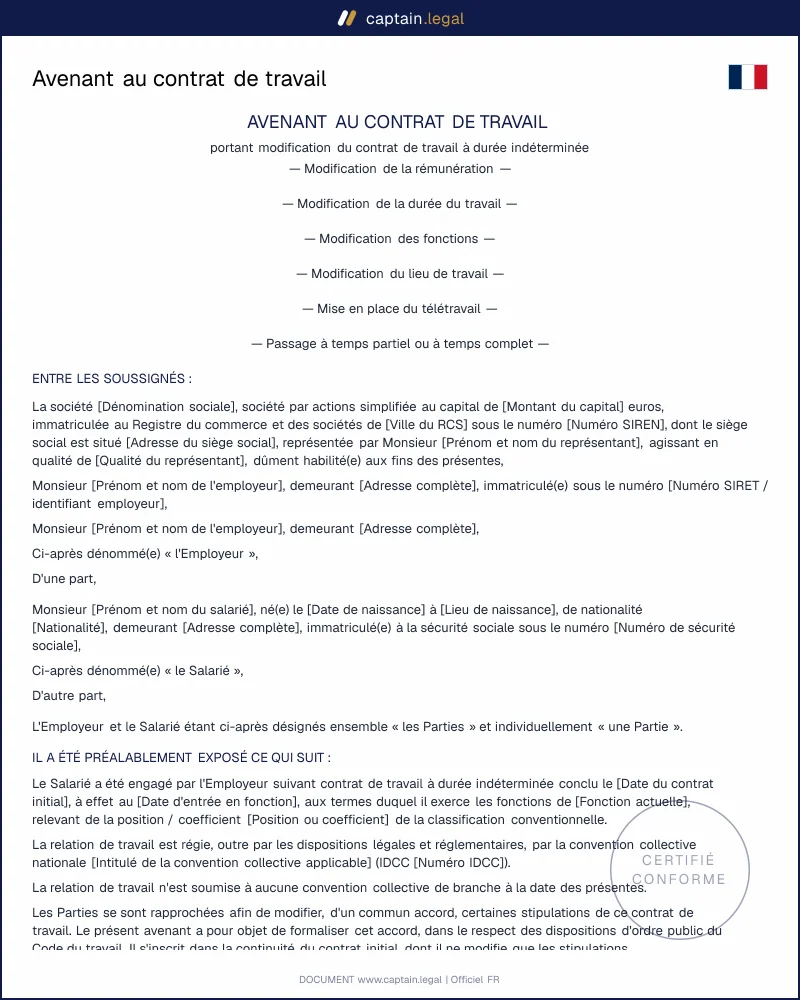 Modèle d'avenant au contrat de travail à personnaliser
