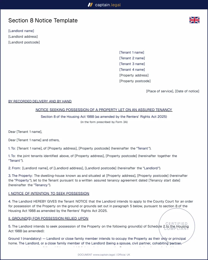 Section 8 Notice Template UK | Notice Seeking Possession
