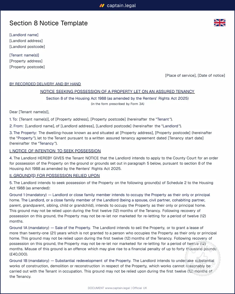 Section 8 Notice Template UK | Notice Seeking Possession