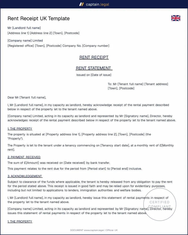 Rent Receipt UK Template | PDF & Word Download