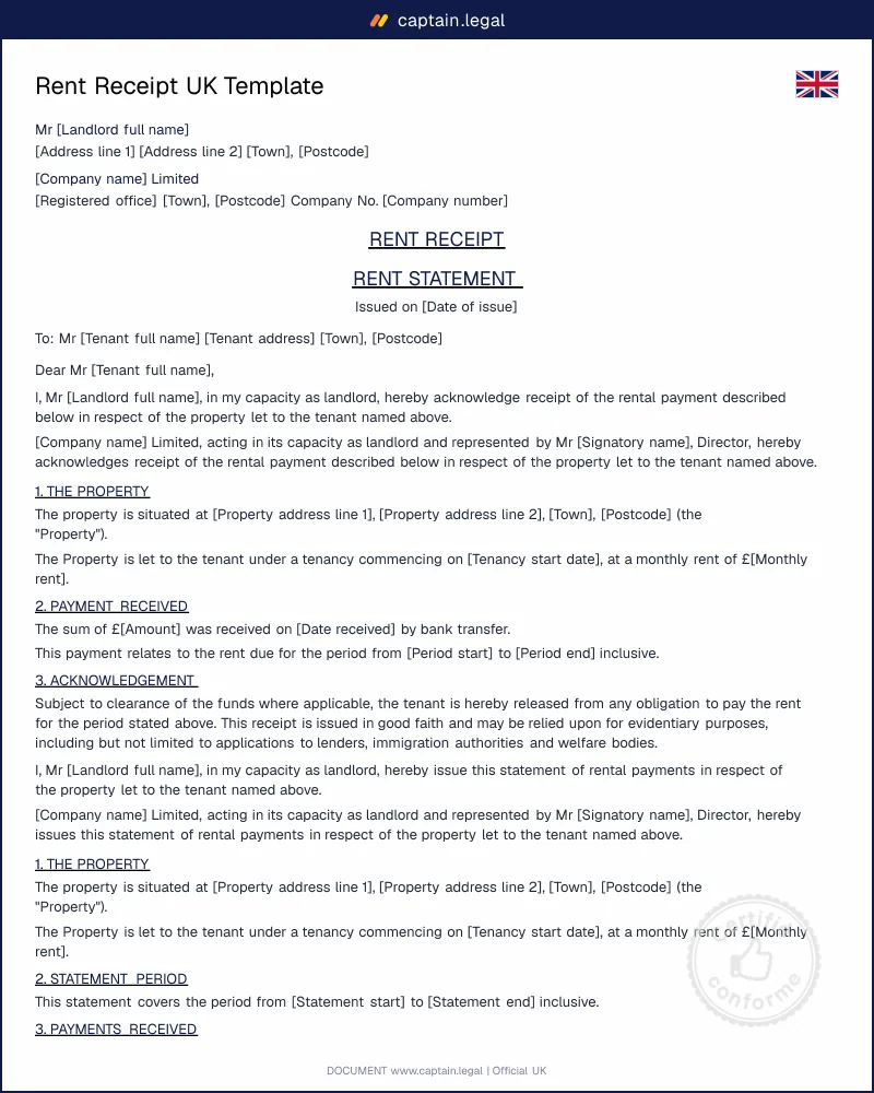 Rent Receipt UK Template | PDF & Word Download