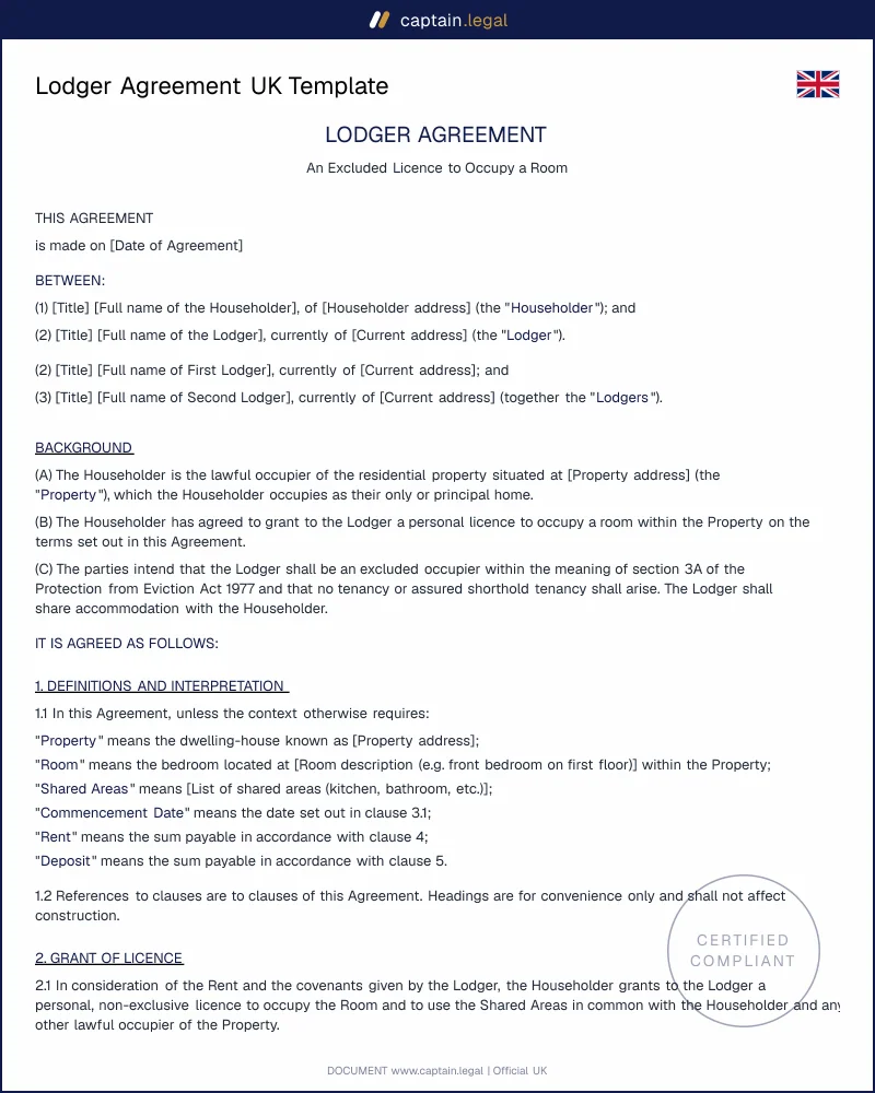 Lodger Agreement UK Template | Word & PDF in 5 Minutes