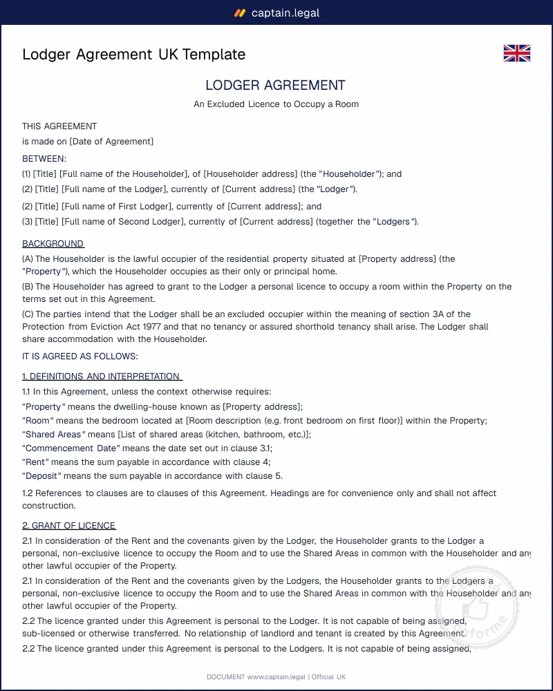 Lodger Agreement UK Template | Word & PDF in 5 Minutes