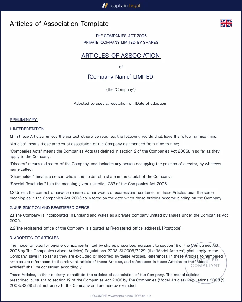 UK Articles of Association — Companies House Ready Template