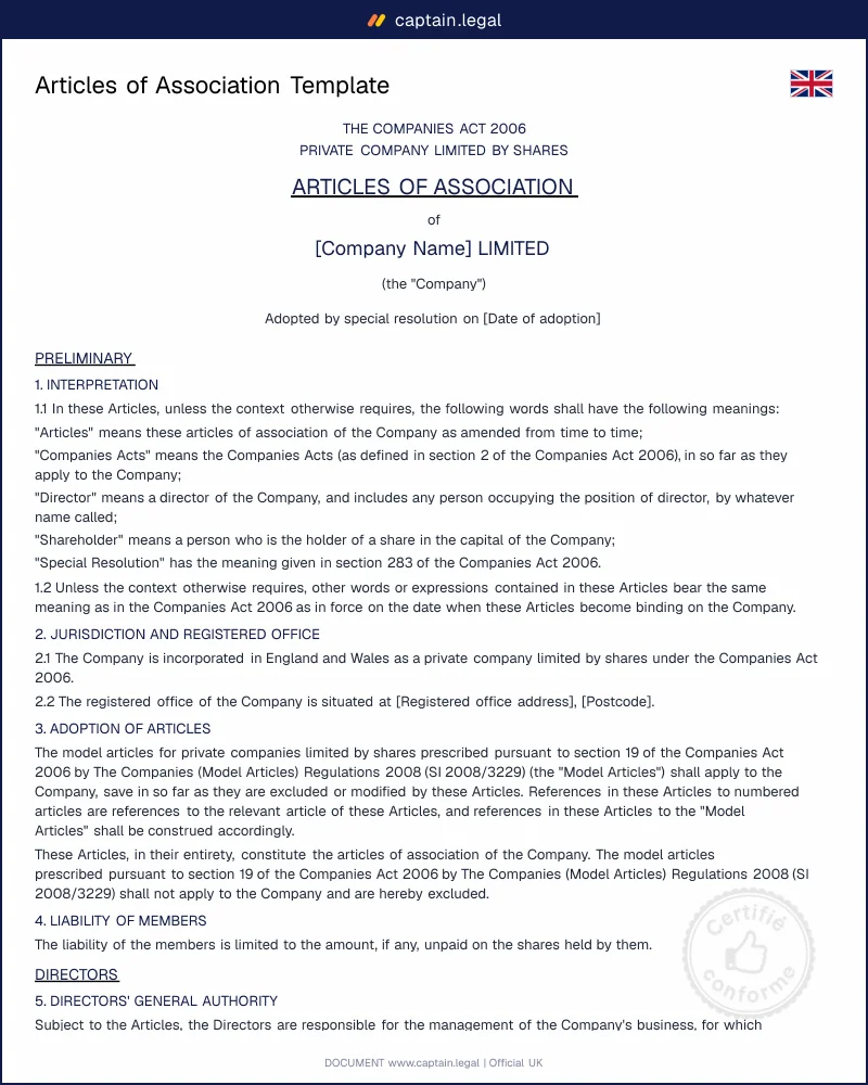 UK Articles of Association — Companies House Ready Template