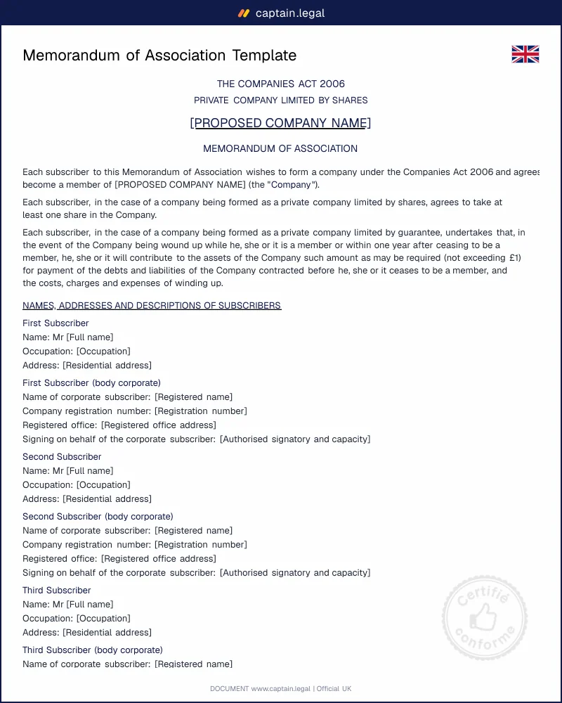 UK Memorandum of Association Template for Incorporation