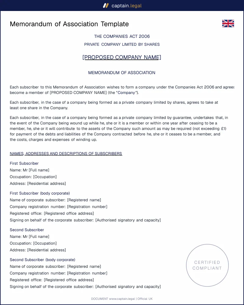 UK Memorandum of Association Template for Incorporation