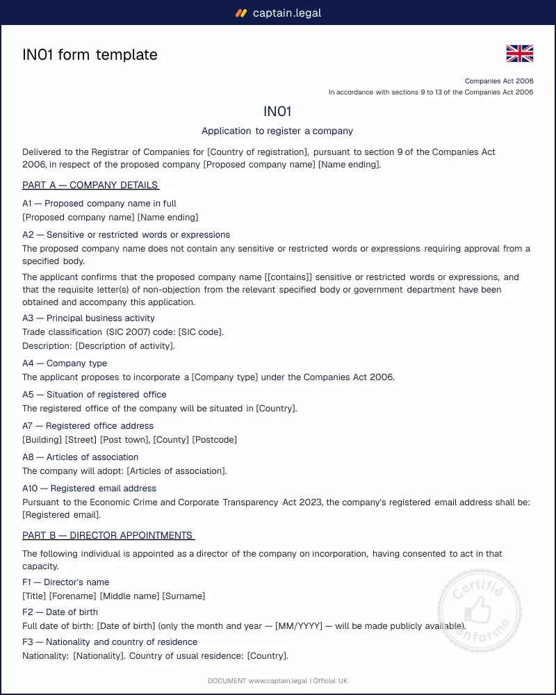 IN01 form for UK company registration | Word & PDF template